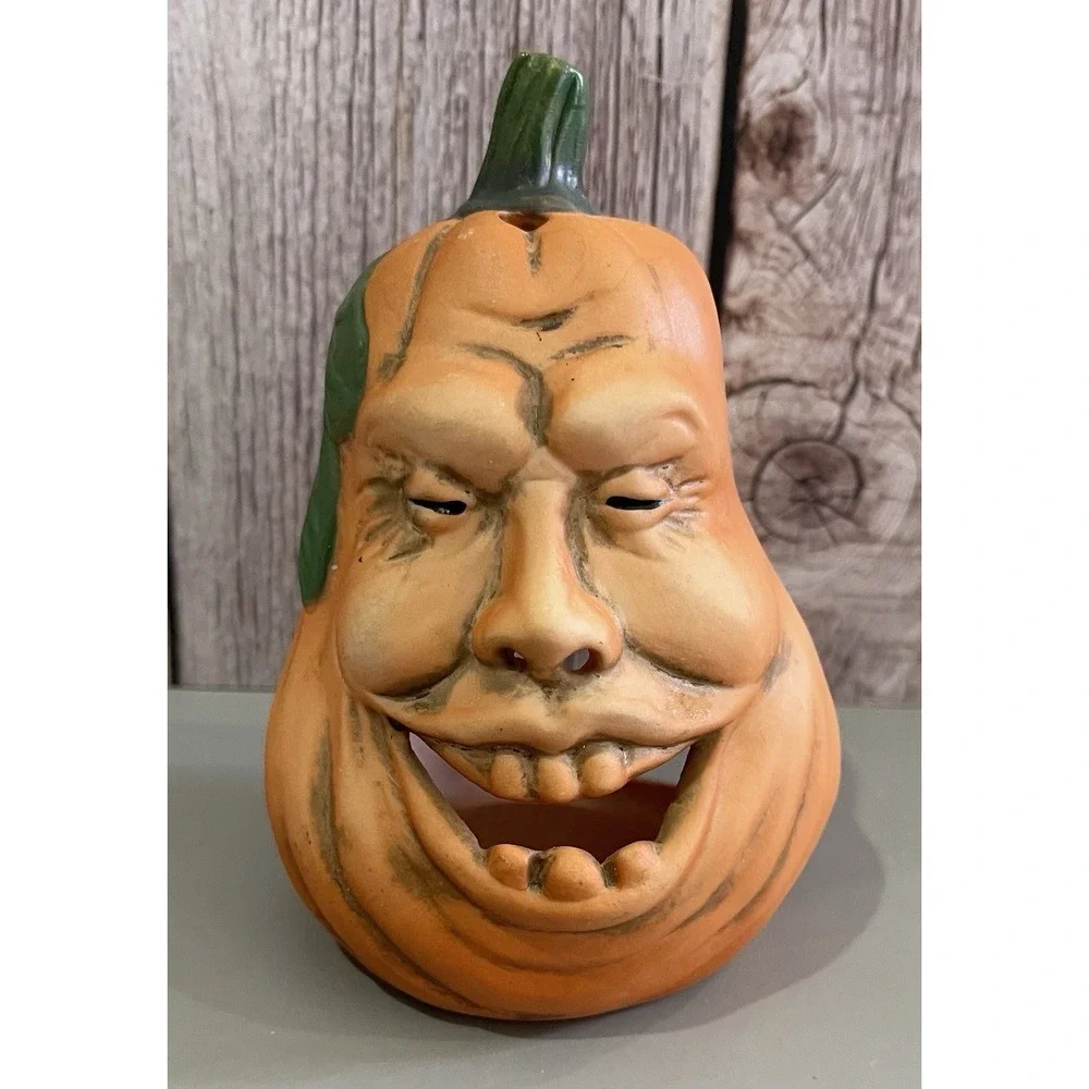 Vintage Halloween Ugly Face Pumpkin Jack o Lantern Votive Candle Holder Enesco